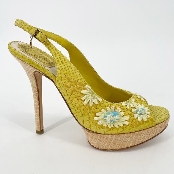 Dior Yellow Python Snakeskin Raffia Embroidered Slingback Platform Heels EU 38 - Picture 2 of 12